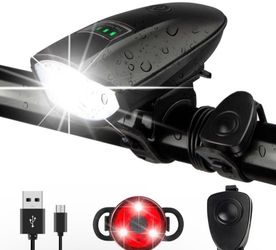 1Pk  Bike Lights Set with Horn 1400LM USB Rechargeable Bicycle Headlight & Tail Light & Horn Waterproof 3 Lighting Modes Fits Bicycles for Road and Mo