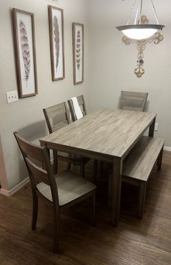 Grey Wood Table w/ Chair and Bench Set