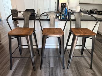 Set of 3 Industrial-Style Bar Stools – Wood & Metal