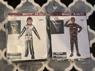 Kids Skeleton jumpsuit and hood size M(8), L(10/12). Military Costume Shirt,Pants, Hat kid size S(6/7)