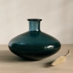 San Miguel Spain Vintage 1970s Recycled Glass Bottle Vase Teal Flattened Form