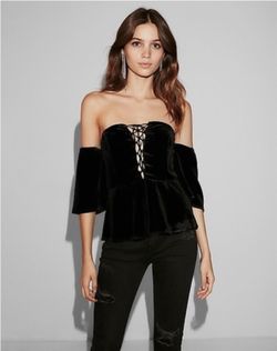 Express Off The Shoulder Velvet Lace Up Top