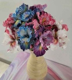 Natural Bamboo Vase w Faux Iris Bouquet @ Lasting Creations