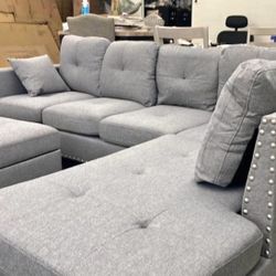 Grey linen Sectional Sofa with storage ottoman