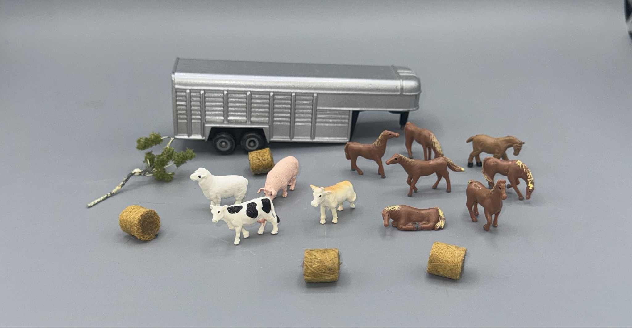 Miniature Farm Animal Playset with Silver Trailer