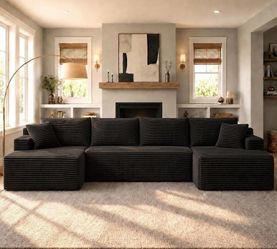 134 Inch Modular Sectional Sofa, Cloud Boneless Couch for Living Room Modern Corduroy Couch w/ Side Pockets & Cup Holders, Oversized 4 Seater Deep Sea