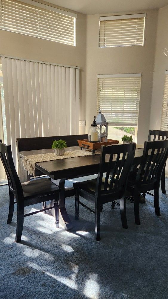 Farmhouse Style Dining Table With Chairs & Bench