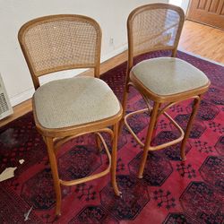 Vintage Cane & Rattan Bentwood Bar Stools Set of 2