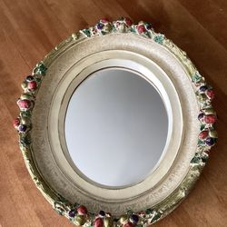 Vintage Barbola Fruit Framed Oval Mirror. Foam core.  Hand Painted. 17” by 15”