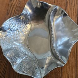 $45.00 - Elegant Pewter Serving Tray Or Tabletop  Accent!  Mariposa Brand/Beaded, Wavy, Hammered  Design Accents + (2) Sections!  Lowest Price!