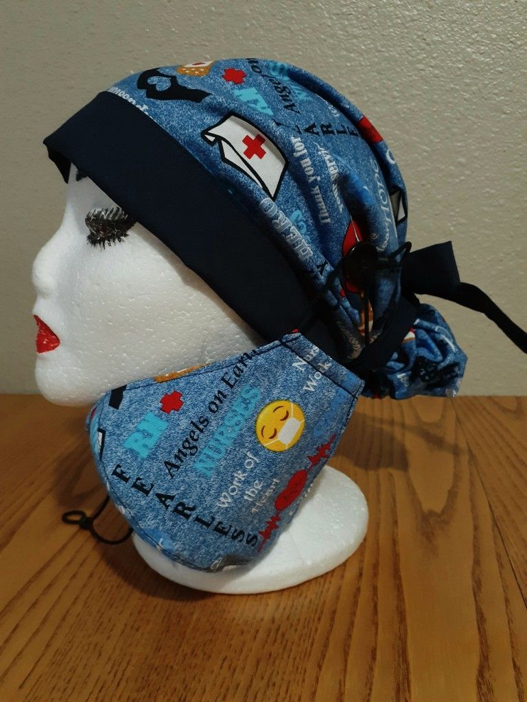 Reversible Surgical Scrub Hat w/ Matching Face-masks MedicalPrint / Nurses/ RN'S
