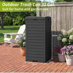 New-Outdoor Trash Can with Lid, Waterproof Plastic Outdoor Garbage Can with Drip Tray, Large Trash Can Outside for Patio, Garage, Pool, Garden, Backya