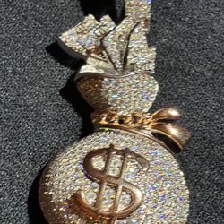 Money Bag Pendent.925 Sterling Silver With Moissanite 