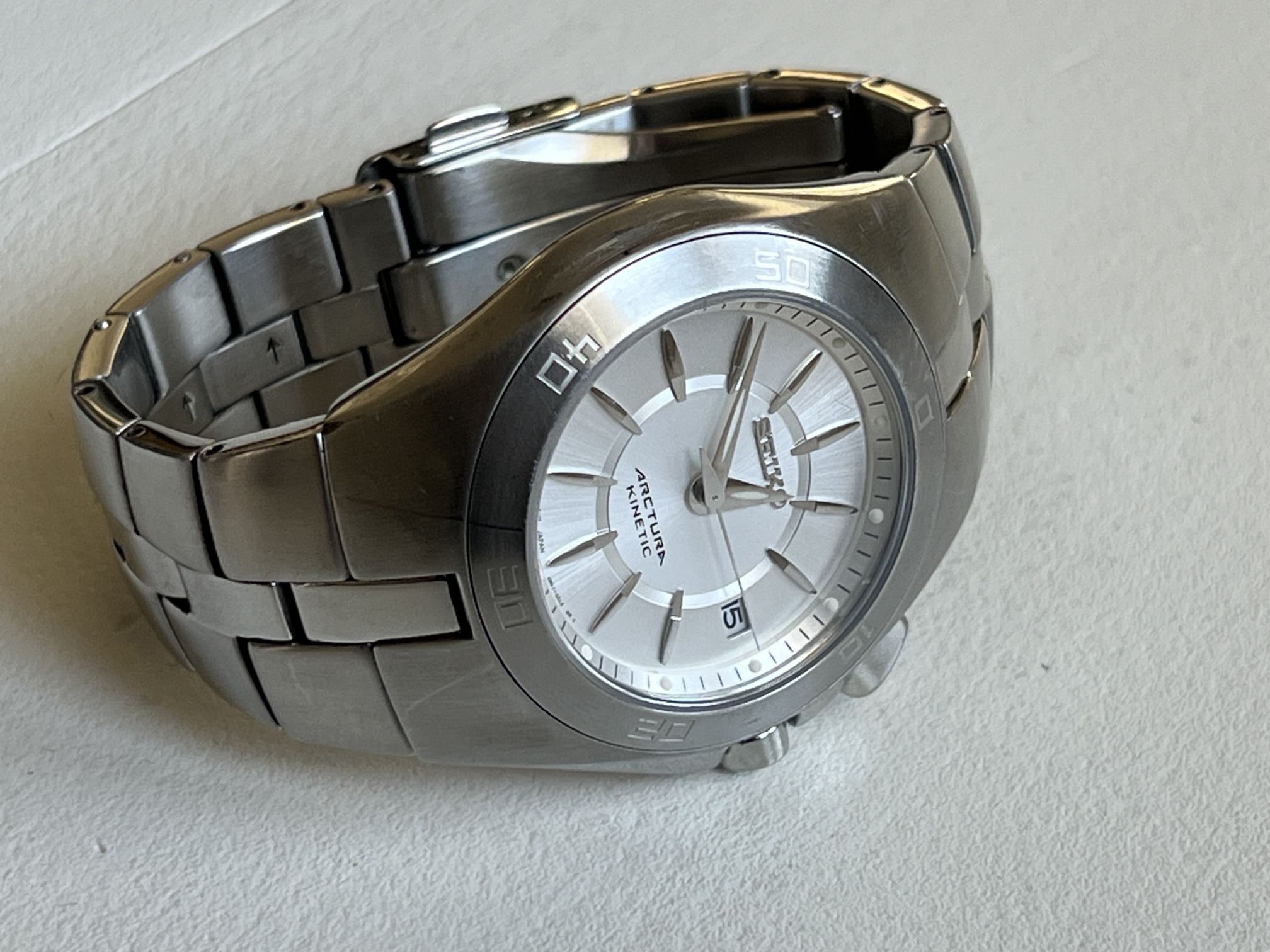 Seiko Arctura Kenetic Mens 5m62 0aL0 Automatic Quartz W Extra Links Watch Stainless Steel bracelet band White Face dial