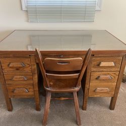 Antique Glass Top Desk With Chair 