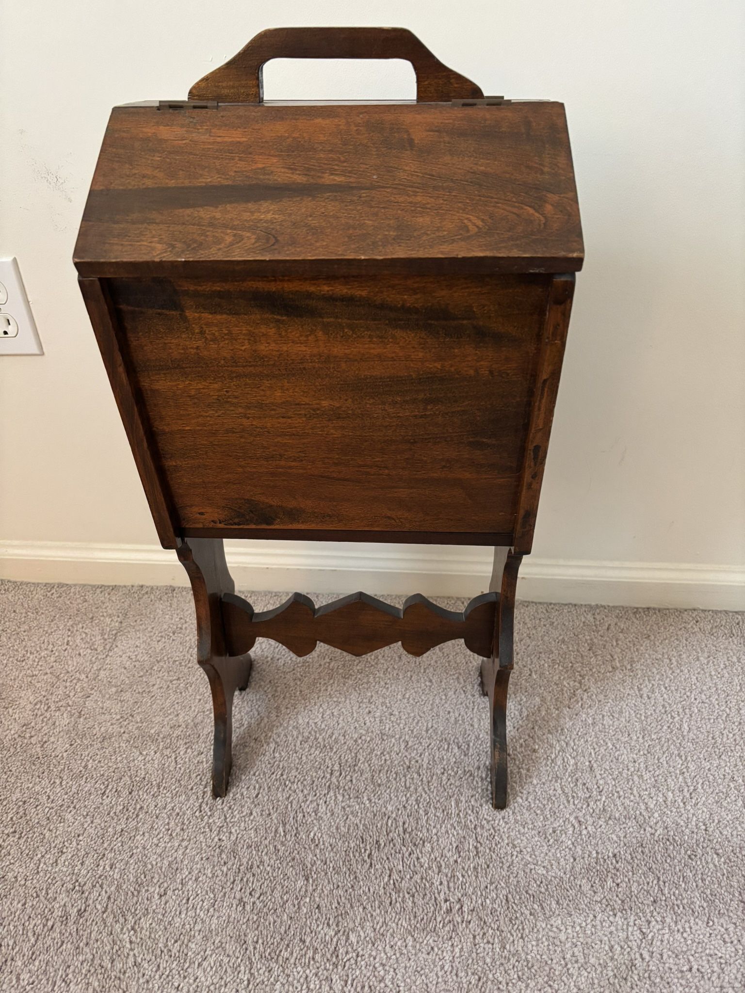 Vintage Antique Solid Wood Standing Sewing Knitting Cabinet Chest, curved bottom, double hinged top doors, 26”H x 12”W x 12”D, good condition.