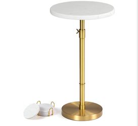 12" Adjustable Marble Table, End Table with 4 Coasters,White 20–33.5" adjustable height, antique brass pedestal, compact round design for sofa sides, 