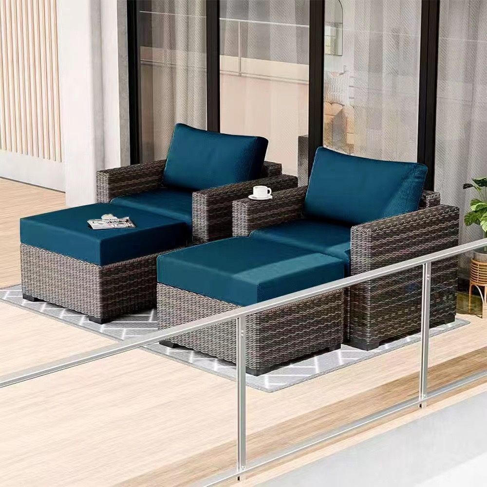 Outdoor Wicker Patio Chair with Ottoman for Porch Balcony Deck Backyard, Red Brown Rattan Sofa Chair Waterproof Removable 2 PCS Peacock Blue