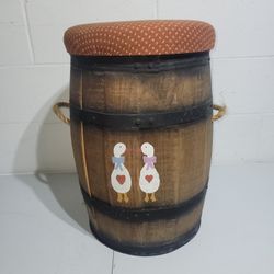 Vintage Barrel Stool With A Padded Seat Hand Painted Ducks Rope Handles Storage