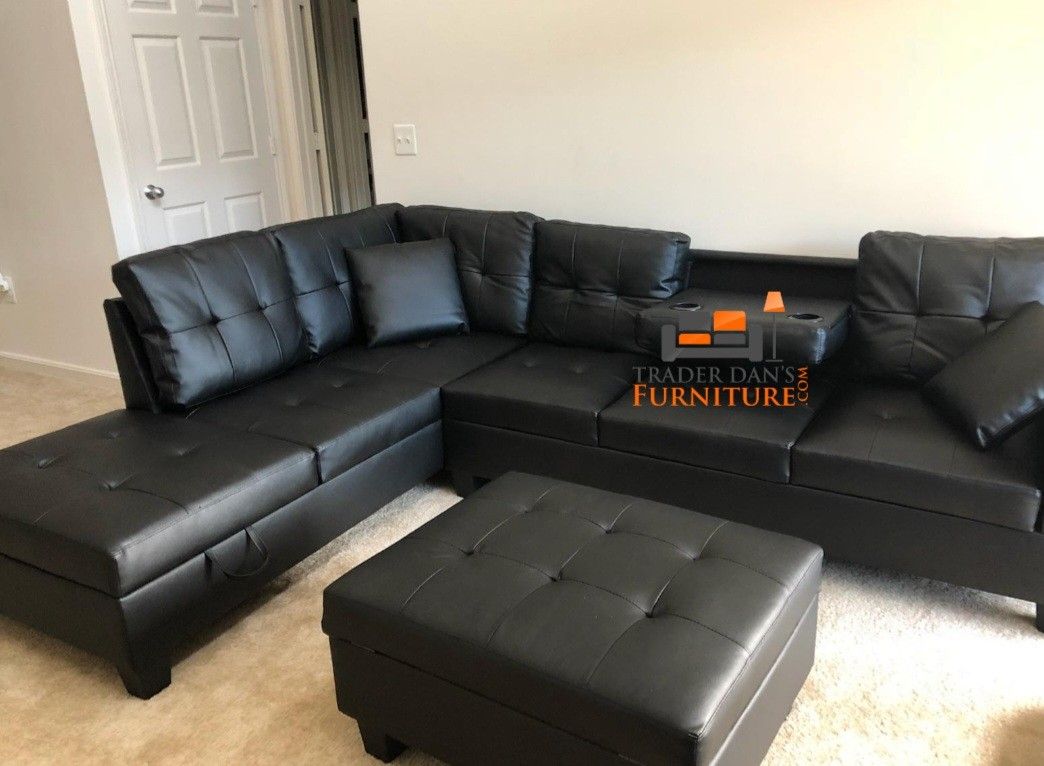 Brand New Black Faux Leather Sectional Sofa +Storage Ottoman (New In Box)