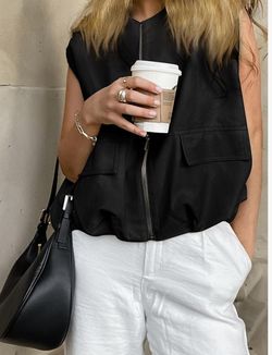 X-LARGE  Vest Tops Zip Up Lightweight Oversized Ruched Hem Sleeveless Cargo Jacket Blazer Waistcoat with Pockets