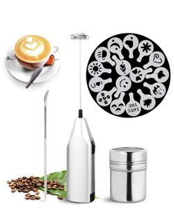 New Milk Frother Set: Handheld Milk Frother, 16 Coffee Art Stencils, Cinnamon Shaker, and 1 Coffee Art Pen