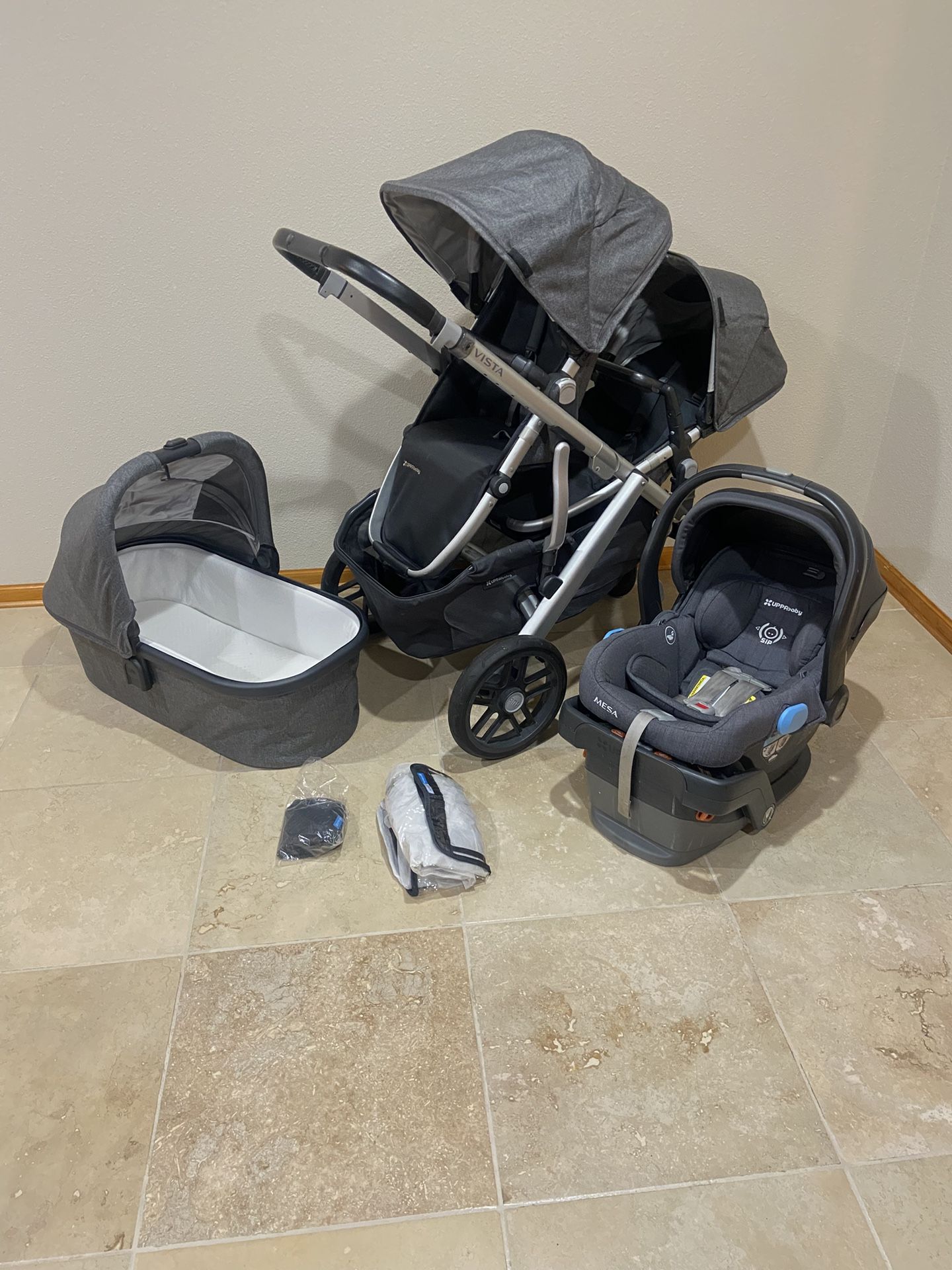 Uppababy Vista V2 Double Stroller With Car Seat And Bassinet Grey