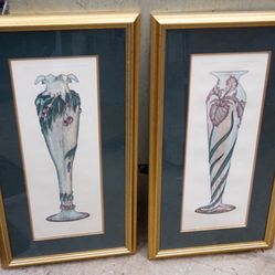 SET OF 2 FRAMED LA LIQUE VASES 16X30 DON MITRA GALE ETCHED HAND PAINTED