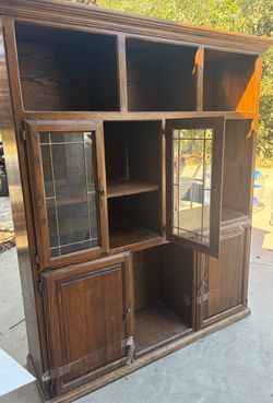 Real Dark Oak Wood Cabinet with Leaded Glass Doors