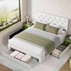 White Modern Faux Leather Full Bed Frame With Storage Drawers, Adjustable Headboard, Tufted Platform Upholstered Bed
