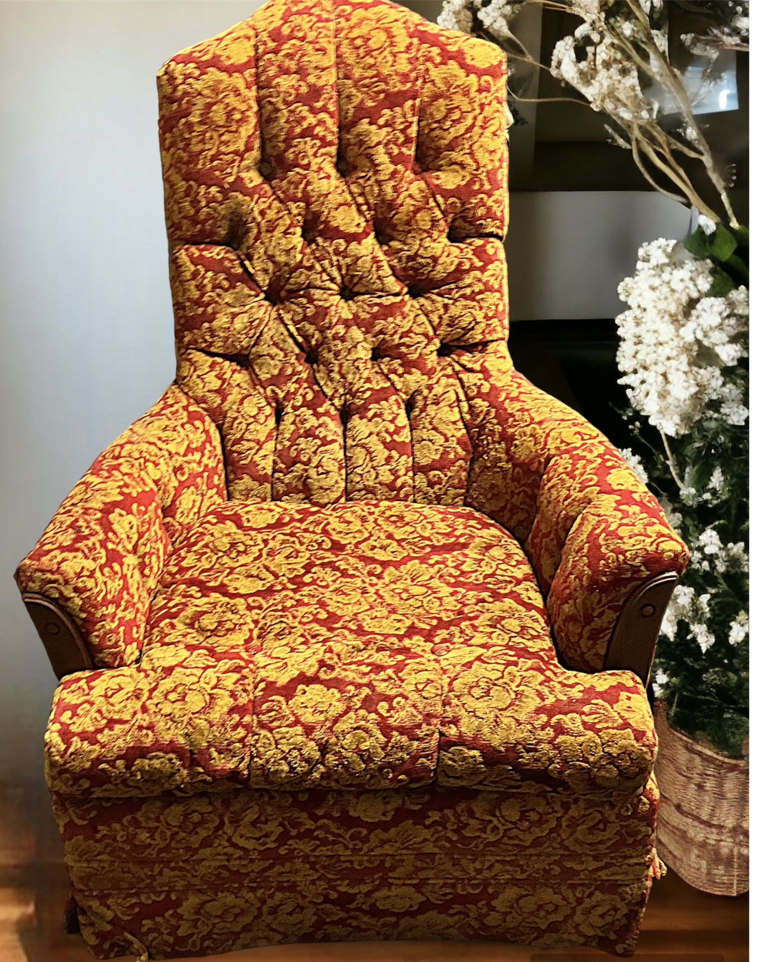 Fabulous Perfect Condition Antique Kroehler Citation Floral Needlepoint Upholstered Rope Tassles Armchair