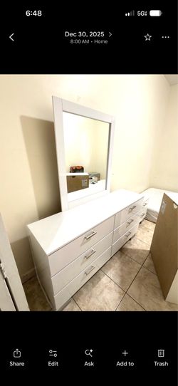 White Modern Bedroom Set – Dresser w/ Mirror, Nightstand & Shelf