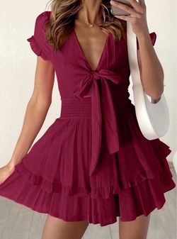 Women's Red Tie-Front Ruffle Mini Dress