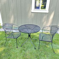 Black Wrought Iron Patio Set, Table With 2 Chairs, Table Is 30 Inch Diameter 