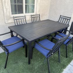 Patio Outdoor Furniture 6 Chairs With Cushions And 1 Table All Metal