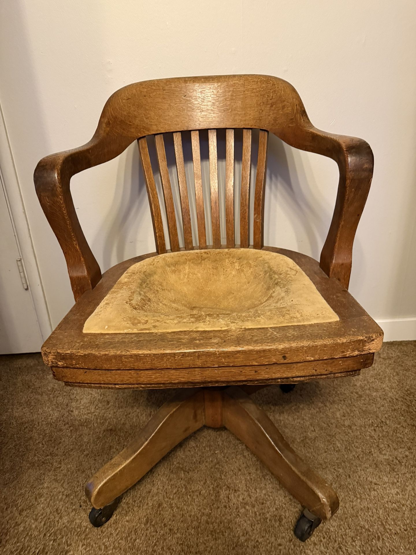 1920s Tiger Oak Office Banker's Arm Chair - Swivels / Rolls / Rocks- Springs Adjust / Quarter Sawn Oak and Steel