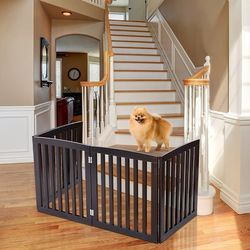 Freestanding Pet Gate for Dogs - 4 Panels Indoor Foldable Dog Fence for Stairs, Hallways, or Doorways - 82x24-Inch Freestanding Dog Gates, Brown