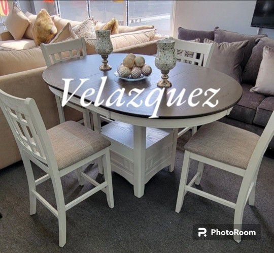 ✅️5 pc white grey finish wood counter height oval dining table set. 