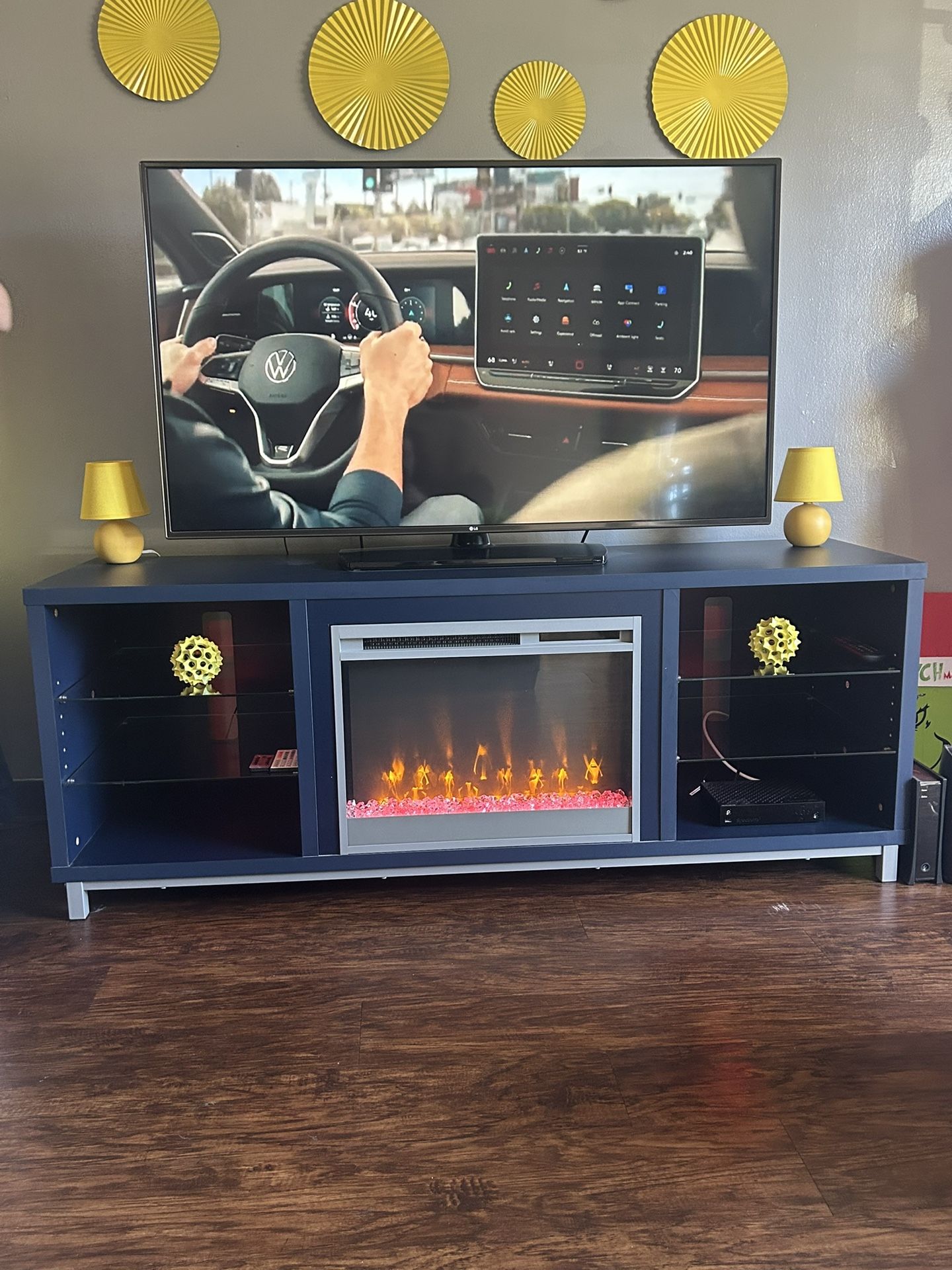 Navy Blue Entertainment Center With Heated Fire Place  