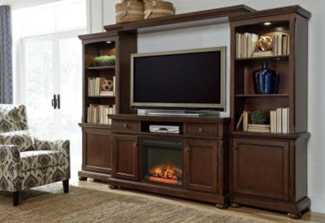 Ashley Porter Grand Entertainment Wall TV Stand with Fireplace