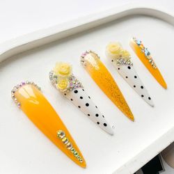 Artisan Handcrafted Orange Press-on Nails Adorned with Shimmery Iridescent Rhinestones, Mini Beads & 3D Flower Decor