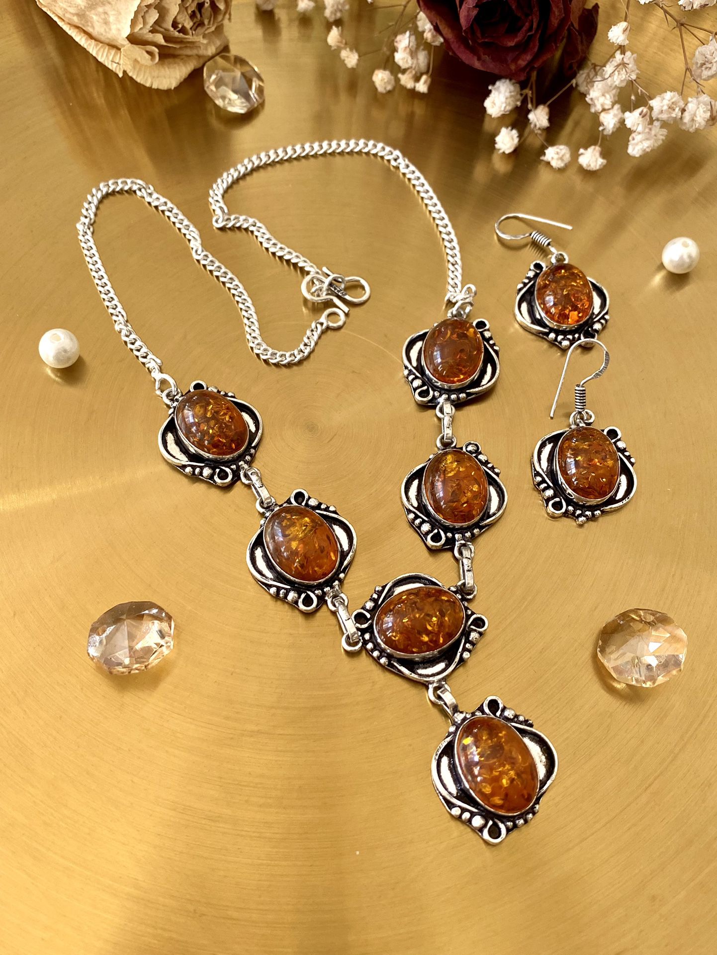 Baltic Amber 925 Sterling Silver Overlay Neckace And Earring Set