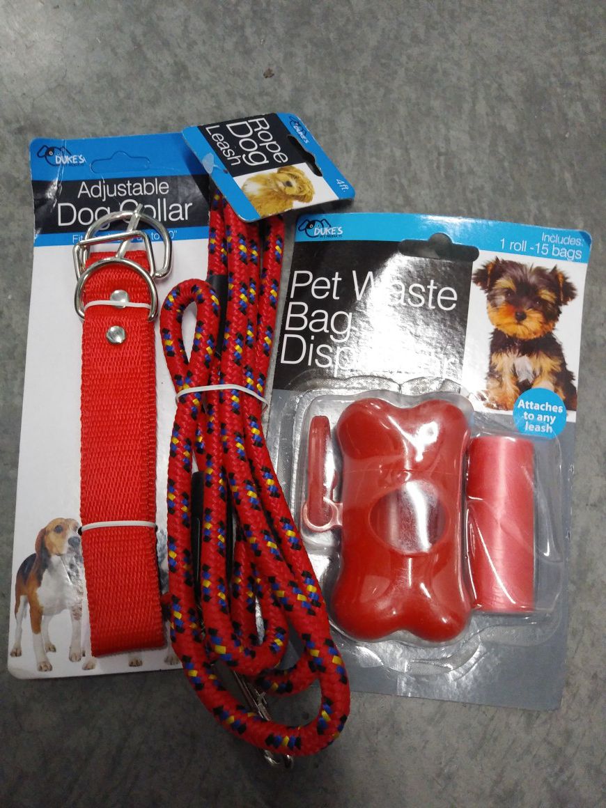 Red Dog Walking Set Adjustable Collar, Pet Waste Bags and Dispenser,4ft Red Leash