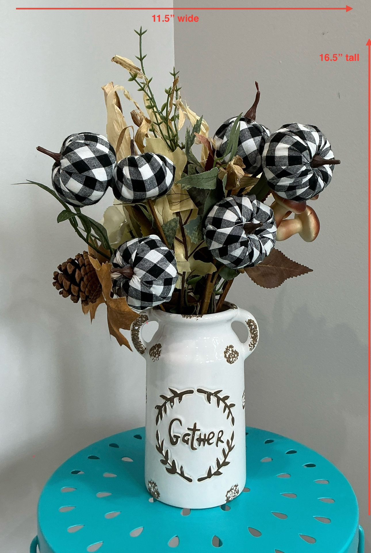 Fall Floral with Pumpkins Bouquet in a Fire Glazed White & Antique Gold “Gather” Vase