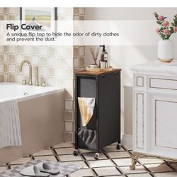 Slim Laundry Hamper with Lid, 11Gal Rolling Laundry Basket with Wheels, Laundry Sorter with Side Pockets and Handle, Oxford Fabric Bag, Space-Saving, 