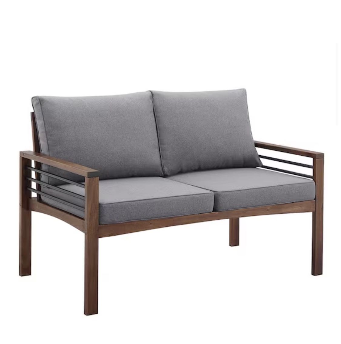 Brand New! Still In Box Dark Brown Acacia Wood and Metal Outdoor Loveseat with Grey Cushions