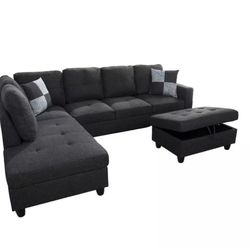 Black gray sectional couch with ottoman 