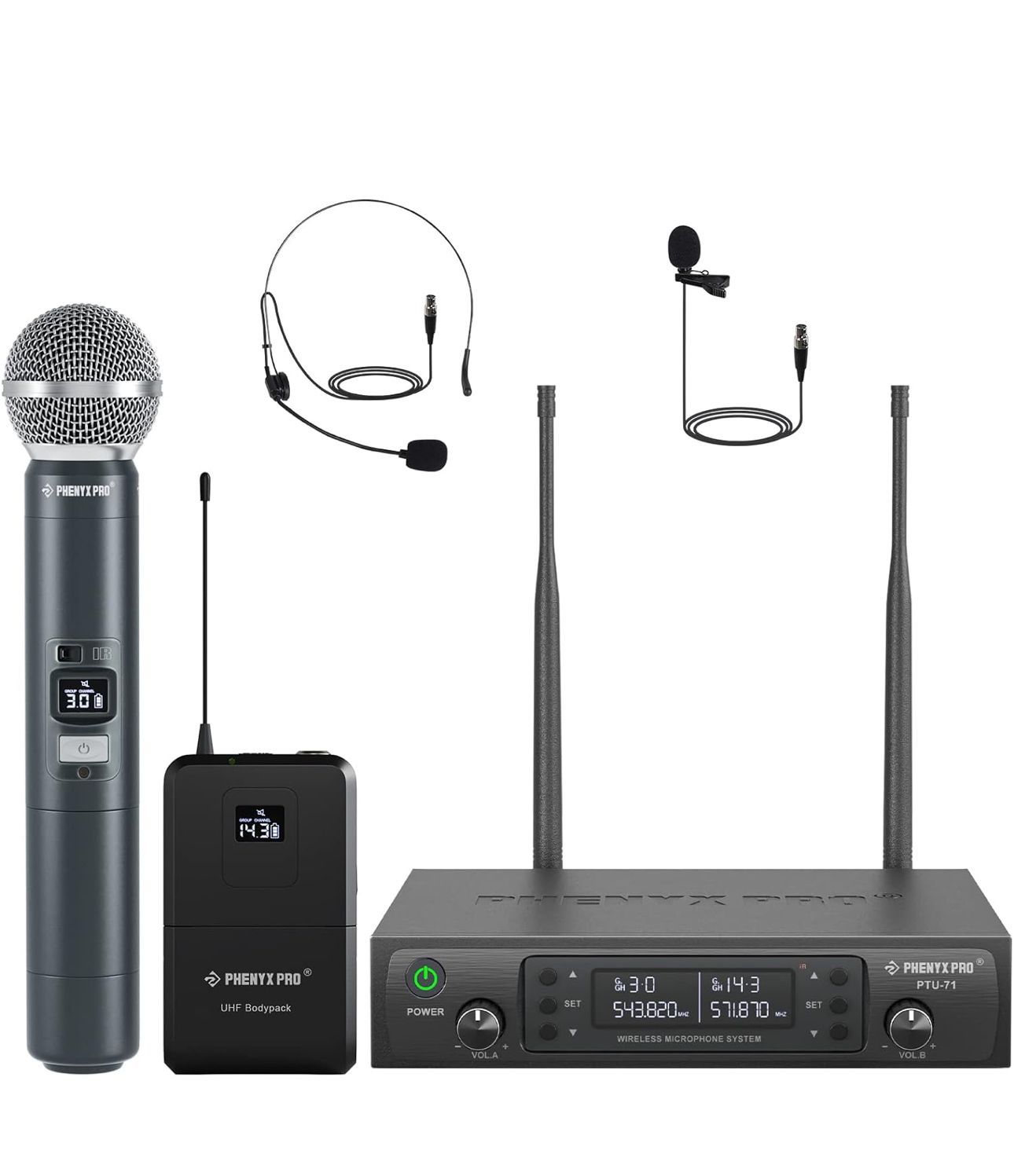 Phenyx Pro Wireless Microphone System, Dual Mic Set with Handheld/Bodypack/Lapel Mics,Auto Scan, 2x100 UHF Frequencies,328ft Range,Cordless Microphone
