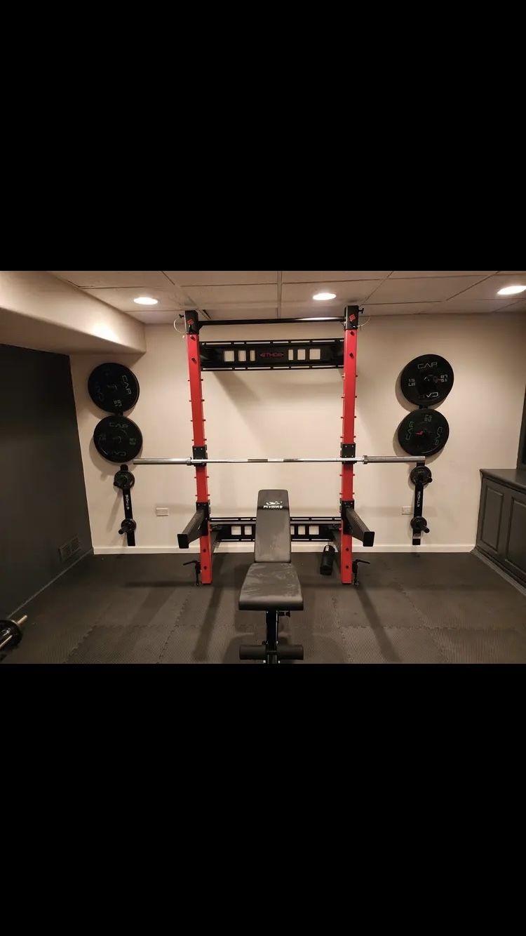 Ethos Folding Squat Rack With Pullup Bar, Spotter Arms & Wall Mounted Plate/Barbell/Medicine Ball Storage