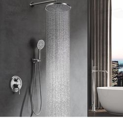 Shower System Brushed Nickel, 10" Rain Mixer Shower Combo Set, Rainfall Shower Head and Handheld Wall Mounted Shower Faucets Sets Complete for Bathroo